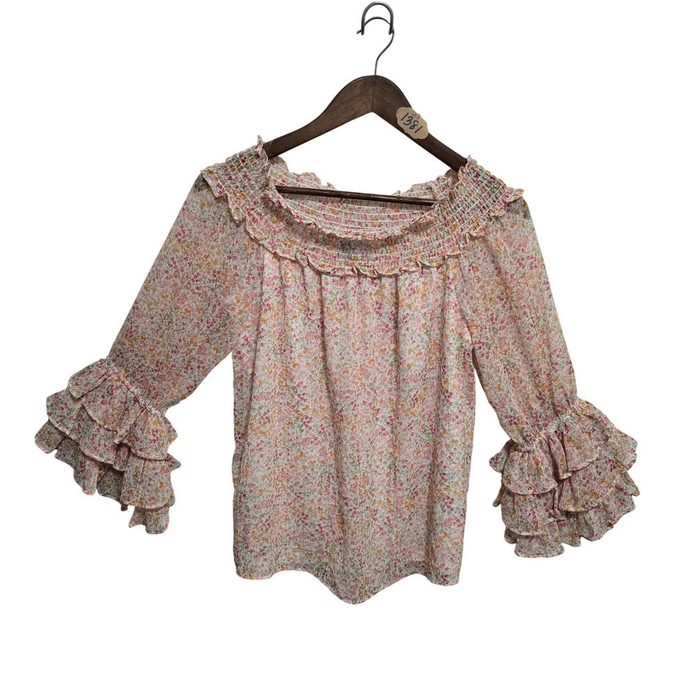 CeCe Floral Smocked Off Shoulder Blouse Ruffle Bell Sleeve Pink Orange Medium